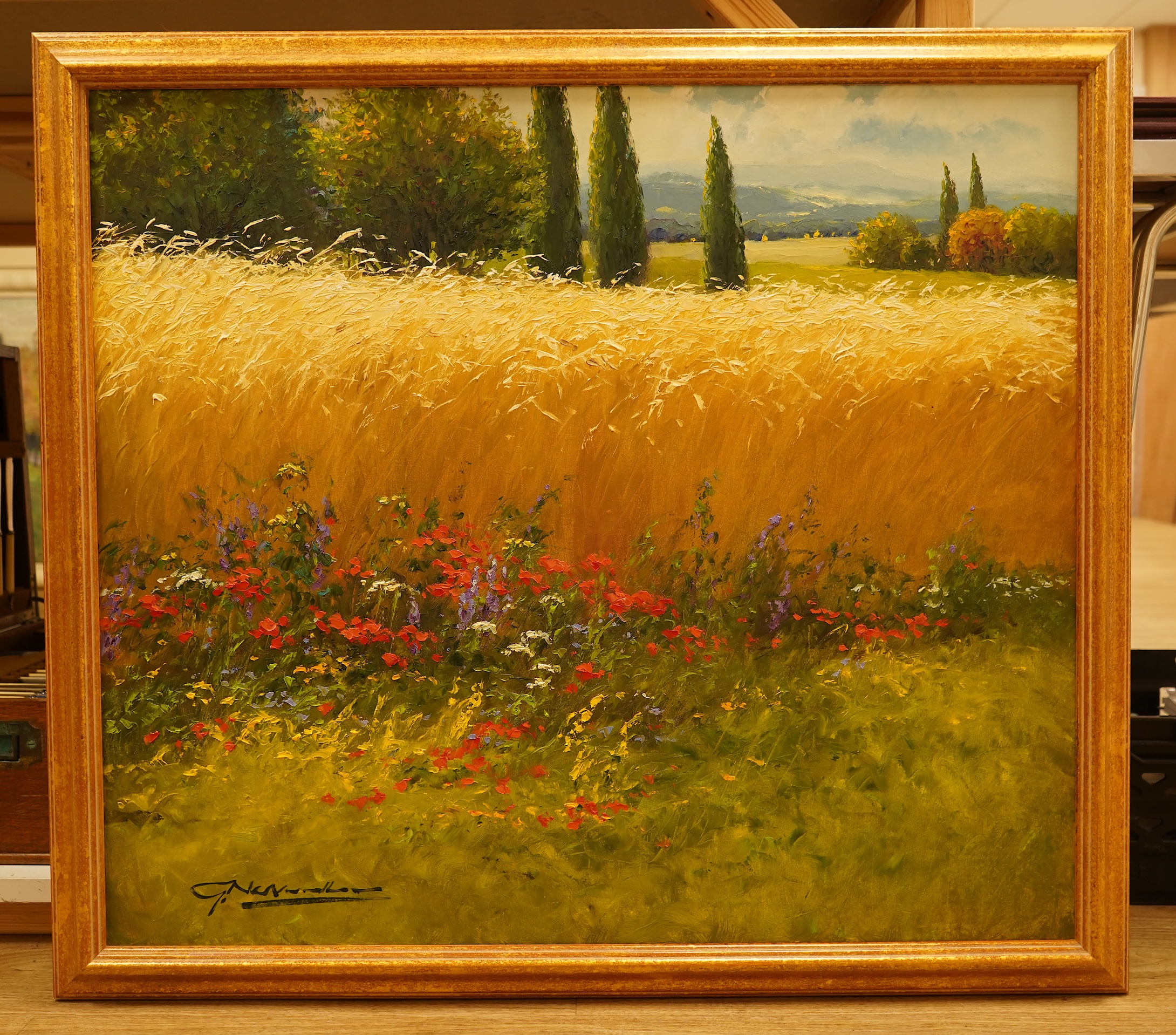 Gerhard Nesvadba (German, b. 1941), Meadow landscape, signed, oil on canvas, 69 x 78cm, gilt frame